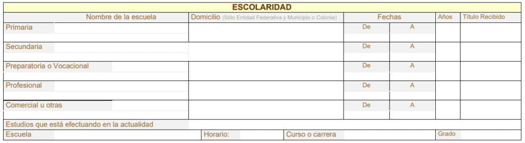 datos de escolaridad en la solicitud de empleo