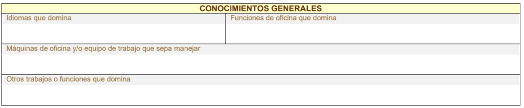 datos de conocimientos generales en la solicitud de empleo