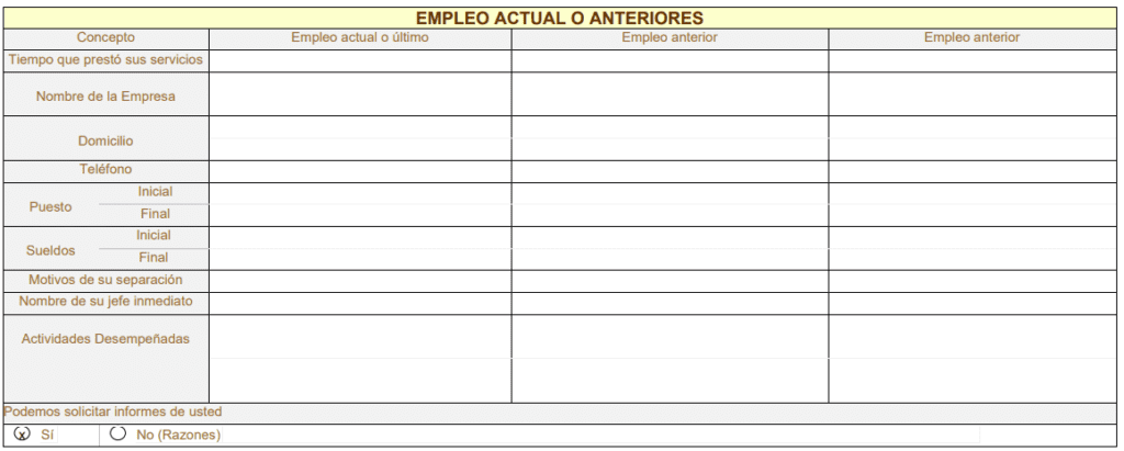 datos de experiencia laboral en la solicitud de empleo